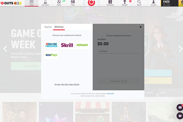 Guts Casino NZ Withdrawal screen