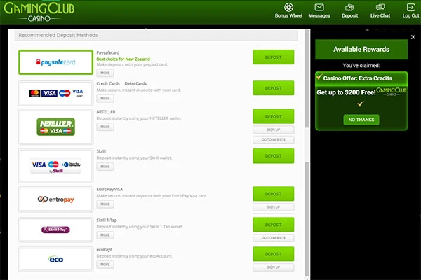 Gaming club NZD deposits