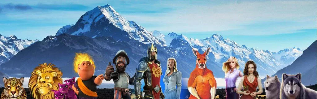 NZ online slot characters in teh New Zealand mountains